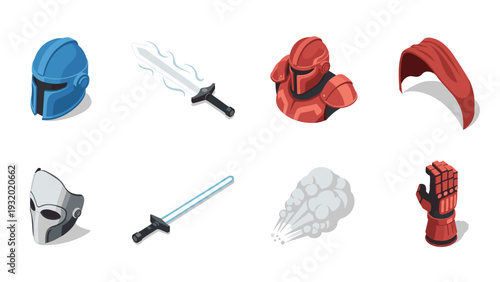 Futuristic isometric knight armor and weapons collection
