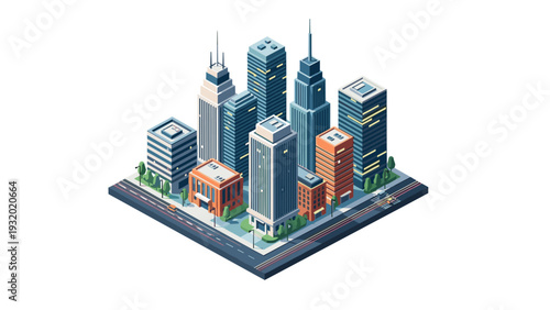 Isometric urban cityscape with modern skyscrapers and streets