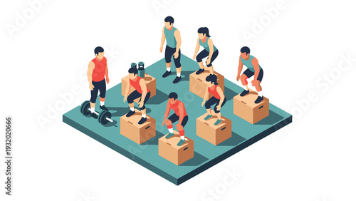 Group exercise enthusiasts engaged in box jump workout on isometric platform