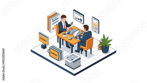 Isometric office meeting with business and financial planning in a modern workspace