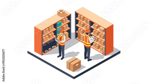 Warehouse inventory management in isometric style with workers organizing boxes