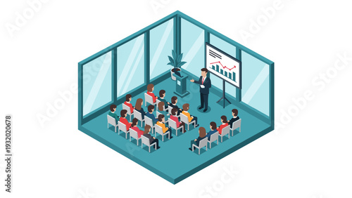 Business presentation in modern office with audience listening to speaker