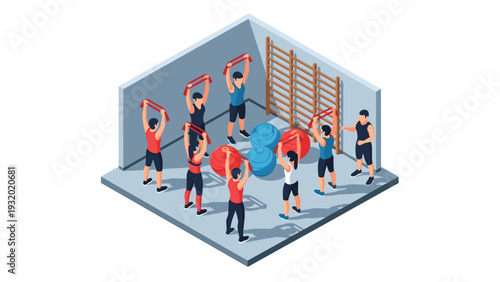 Group fitness training in gym: people exercising with resistance bands and stability balls in isometric style
