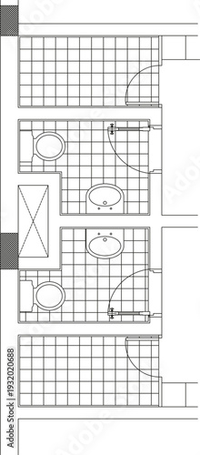 Technical architectural floor plan showing compact bathroom layout with toilet, dual sinks, shower stall and extensive grid-patterned tiled floor and wall surfaces.