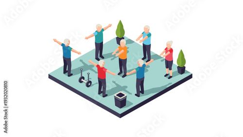 Senior group fitness: isometric exercise class in outdoor setting with elderly participants