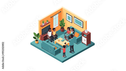 Isometric family gathering in modern living room with plants and entertainment