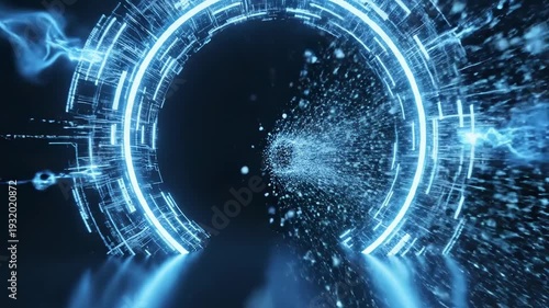 Circular Tech Portal '96 glowing digital ring interaction, a dark minimal futuristic space with a large floating circular ring made of luminous blue energy lines, subtle animated pulses