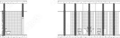 Technical architectural sections showing public restroom facilities with toilet stalls, grid-patterned tiled walls and grey structural columns in two layout configurations.