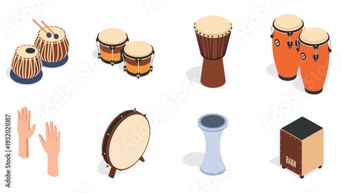 Isometric percussion instruments set featuring drums and hand percussion in flat design style