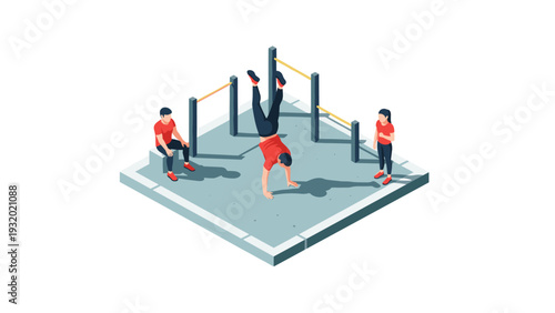 Urban outdoor fitness: three people enjoy calisthenics on a sunny day in the park