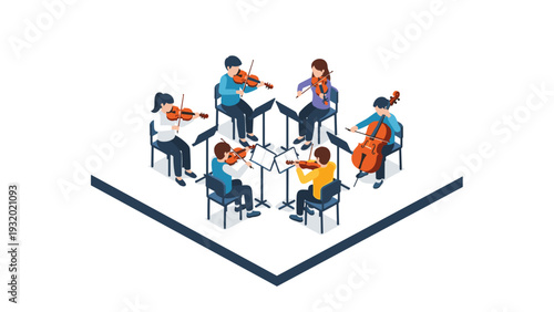 Isometric orchestra ensemble rehearsing with string instruments in a geometric space