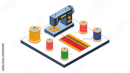 Isometric sewing machine with colorful threads and measuring tape on white background