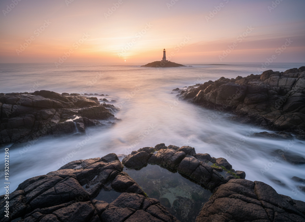 Obraz premium 雲海に浮かぶ山頂と朝日