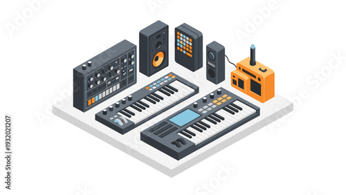 Isometric electronic music equipment on display: synthesizers and audio gear