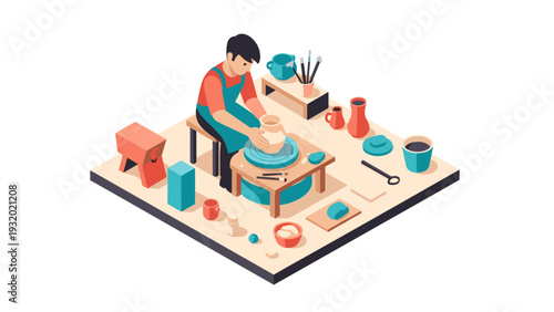 Isometric pottery workshop scene with artisan crafting ceramics on pottery wheel