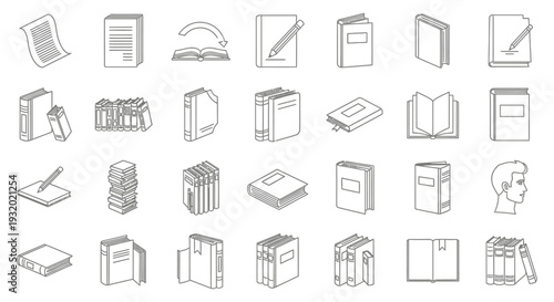 a comprehensive collection of minimalist outline book paper and education icons illustrating concepts of reading knowledge and learning resources.