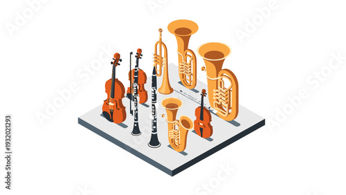 Isometric musical instruments ensemble with brass and strings on display