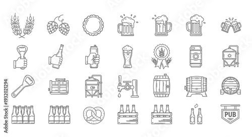 beer and brewing line icons collection illustrating craft beer production consumption and culture perfect for brewery branding or digital content.