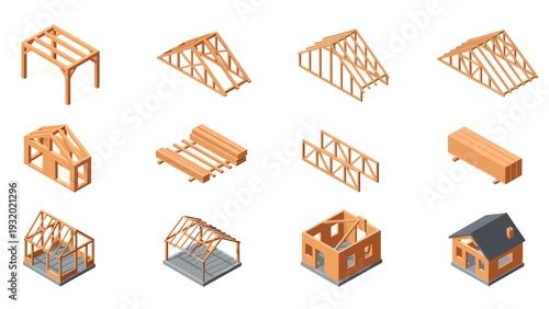 Isometric wooden house construction elements set for architectural design