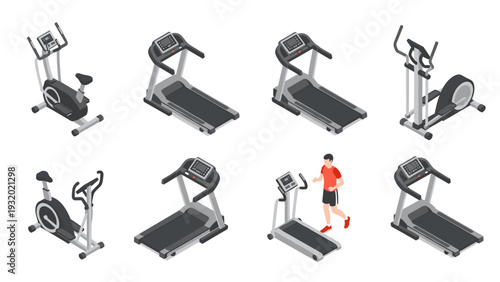 Isometric gym exercise equipment with treadmills and elliptical trainers featuring a jogging person