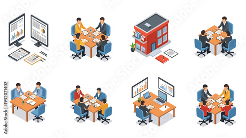 Business teamwork and office scenario in isometric style with charts and meetings