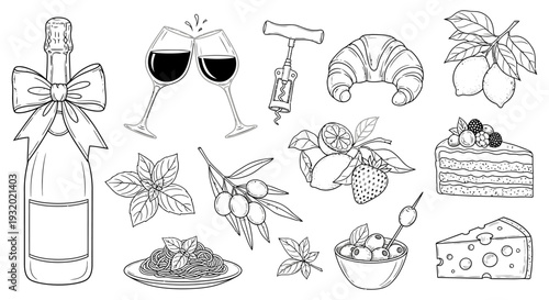 a delightful collection of hand-drawn european food and drink elements perfect for culinary projects menus or travel guides.
