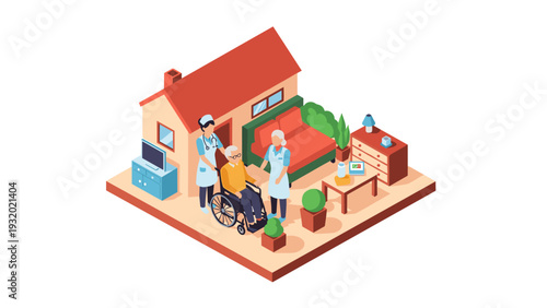 Isometric elderly care home with nurses and senior in wheelchair