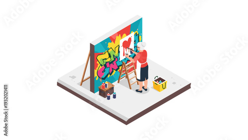 Isometric graffiti artist creating colorful street art on urban wall