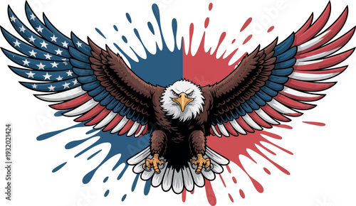 A majestic bald eagle spreads its wings wide in a display of strength and power. The feathers are colored with the stars and stripes of the American flag to symbolize the nation. 