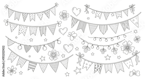 hand drawn party decorations vector illustration featuring festive bunting flags string lights hearts and stars.