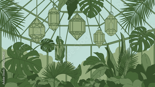 greenhouse interior filled with lush exotic plants and elegant islamic lanterns depicting a serene tropical oasis.