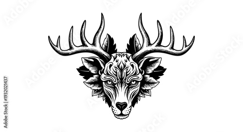 striking black and white stylized deer head illustration with antlers and organic leaf details symbolizing nature and power.