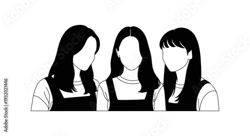 three young women friends standing together in a simple graphic illustration symbolizing youth unity and friendship.