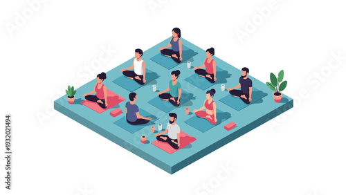 Diverse group practicing yoga in isometric meditation class setting with plants