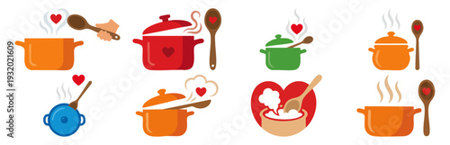  HOME COOKING - Steaming pot and a wooden spoon with a heart icon  Flat Vector Illustration on Transparent Background