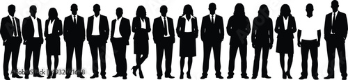 Black silhouette vector illustration of diverse business professionals, corporate team standing together, office workforce icons, workplace diversity, teamwork, leadership, collaboration
