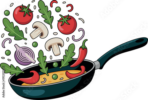 Fresh vegetables are being tossed dynamically in a black frying pan. Slices of red tomato, white mushrooms, and green arugula fly through the air during the cooking process.