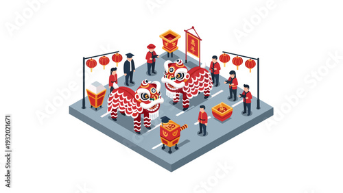 Lion dance celebration in isometric style with lanterns and decorations