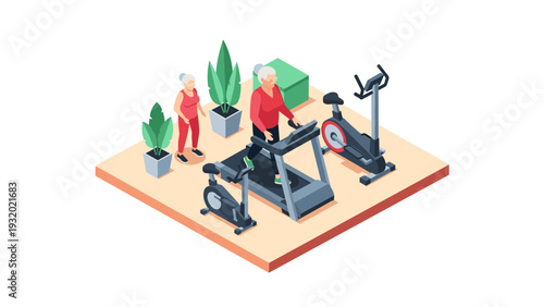 Elderly couple exercising in isometric home gym with modern fitness equipment