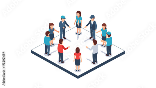 Isometric business team discussion with diverse characters on white background