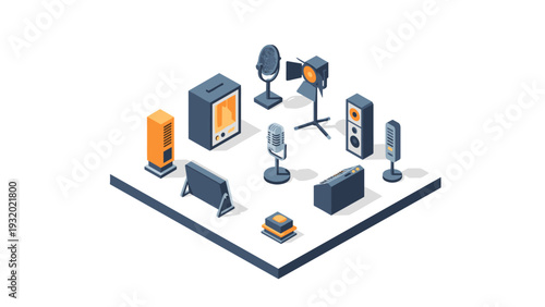 Isometric audio equipment collection featuring classic and modern devices on a platform