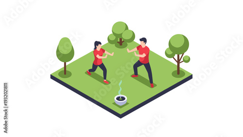 Isometric tai chi practice in a park setting