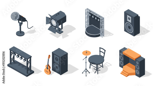 Isometric music equipment set featuring stage design and sound systems