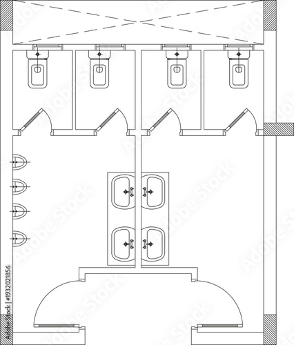 Technical architectural floor plan of a public restroom featuring toilet stalls, urinals, a central sink island with basins, and swinging entrance doors.