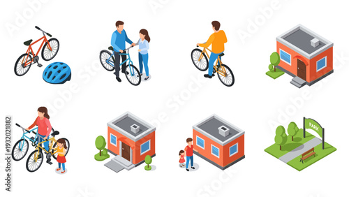 Isometric family cycling and urban park scene with modern homes