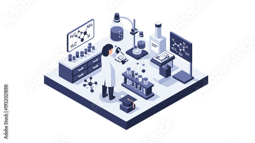 Isometric laboratory scene with scientist conducting research and analyzing chemical reactions