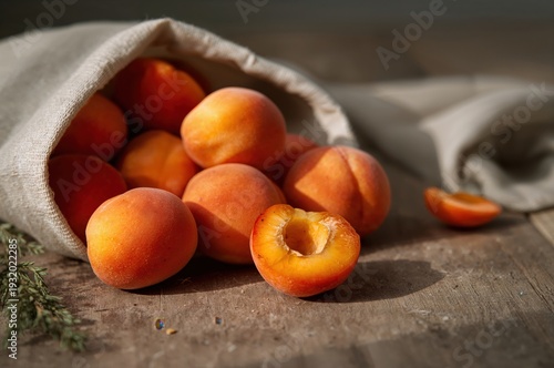 Wallpaper Mural Fresh apricots spill from linen bag with one torn open in warm sunlight Torontodigital.ca