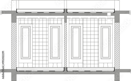 Technical architectural wall detail showing symmetrical sections with grid-patterned tiling, central recessed panels and structural beams in grey cross-section.