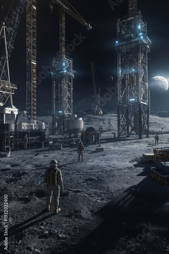 Wallpaper Mural Futuristic nuclear reactor construction site on the Moon with astronauts and robots Torontodigital.ca