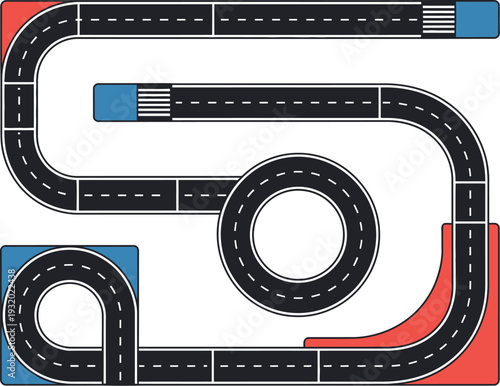 A toy road track with various curves and turns on a white background